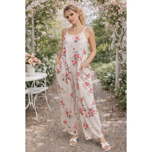 Oufeiya Pants - Boho Floral Romper XL Cream Pink Coquette Sleeveless Pocket Cottagecore Spring